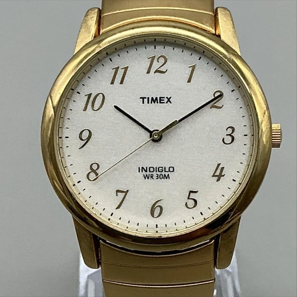 Timex Indiglo Mens Watch 35mm White Dial Gold Tone Stretch Bracelet New Battery